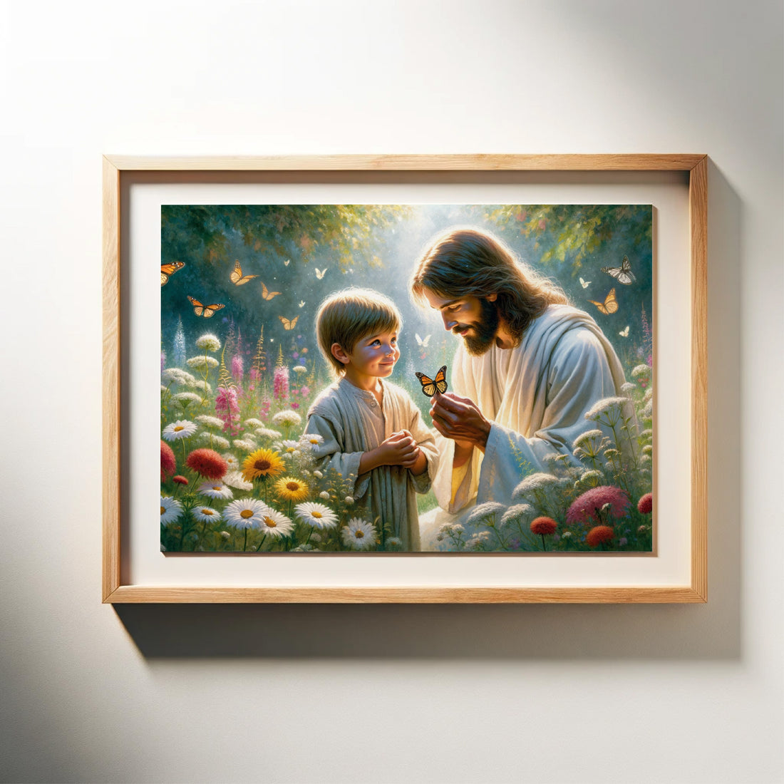 Wonderful - A painting of Jesus in a Garden showing a Boy a Butterlfy