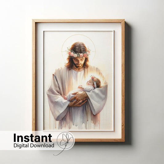 Safe in the Arms of Jesus - Baby Girl - Jesus Holding a Baby Girl Safe in His Arms