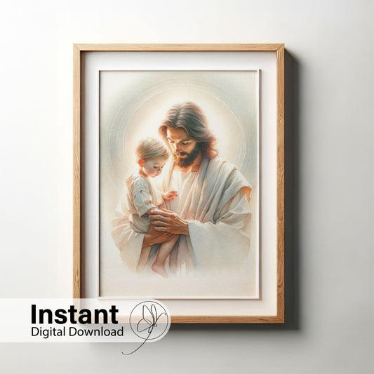 Safe in the Arms of Jesus - Toddler Boy - Jesus Holding a Toddler Boy Safe in His Arms