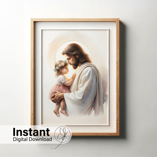 Safe in the Arms of Jesus - Toddler Girl - Jesus Holding a Toddler Girl Safe in His Arms