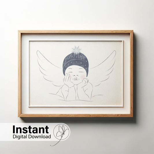 Angel Baby Boy Winter Hat Line Art - Digital Print