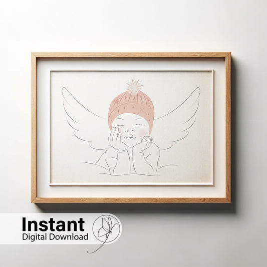 Angel Baby Girl Winter Hat Line Art - Digital Print
