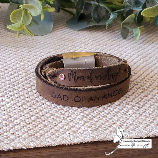 Mom and Dad of an Angel Leather Memorial Bracelet | Infant Loss Gift for Bereaved Parent | Miscarriage Present | Sympathy Jewelry