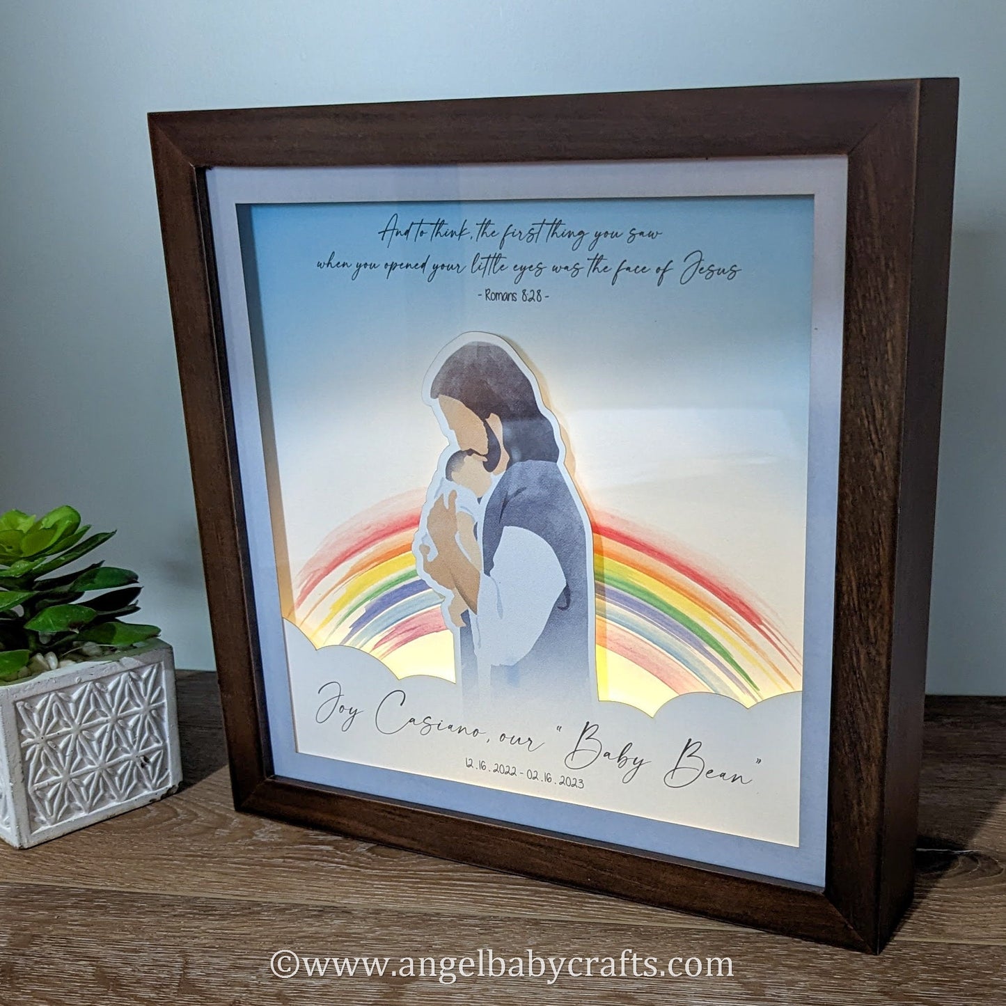 Lighted Rainbow with Jesus, Miscarriage Gift, Stillborn or Pregnancy Loss Gift, Night Light, 3D Paper Art - Safe in the Arms of Jesus