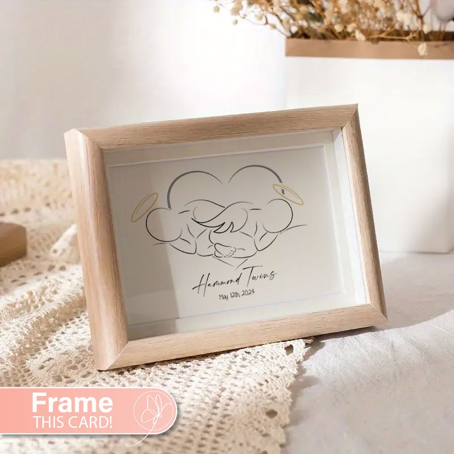 Minimalist Angel Baby - Personalized Miscarriage Infant Loss Card - Heart Twins - Framed