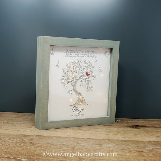 Memorial Gift Framed Butterfly Tree with Cardinal Lighted 3D Paper Art.